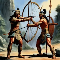 [art by Ray Harryhausen] As Arjuna and Duryodhana stand shoulder to shoulder, facing the same wooden target in the archery contest, their skills as archers are undeniable. Both warriors possess remarkable talent and prowess with the bow, each capable of hitting their mark with precision and power. Arjuna's form is impeccable, his arrows flying true and striking the target with effortless grace. His mastery of archery shines brightly, captivating the spectators and earning him admiration and acc