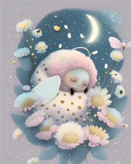 Cute fuzzy bee monster sleeping in flowers, butterfly wings and snail ears. Holding moon in a hand. Soft pastel colours. In empty space with dots and flowers. Portrait white