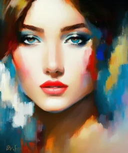 Masterpiece, best quality, The Face of the Curious Female by Bryen Frost rework. trace light, painted impressionist brush strokes. Paint spatters, drips, drabs, dynamic, artstation, artgerm