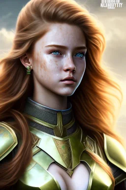 hyper realist, hyper detailed, stunningly beautiful 13 year old teen girl, long ginger hair, green eyes, medium freckles, full lips, revealing leather armour, full body and head, a-cup breasts, stern expression, full frame, petite, ignore NSFW