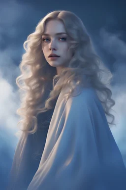 close up a woman with soft lush curly warm white long hair, model pose, in a cloak is standing in a cloud of blue smoke, in the style of pop colorism, portraits with backlight, woven, perforated, sharp focus, minimal retouching, navy blue and golden accents, depth of field, unreal engine, perfect composition, digital art on pixiv, artstation, 8k, hdr