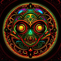 hyper detailed colorful subtractive sphere fractal design showing a glowing alien inside.