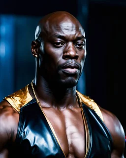 Adewale Akinnuoye-Agbaje x morris cheshunt as a handsome dark skinned and muscular heavy set man with a bald head and neatly trimmed beard. he is wearing a leather waistcoat and no shirt. he has a gold earing in his left ear. he has a soft expression on his face