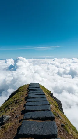 narrow black stone path above the ground gradually getting higher into the clouds no railings,