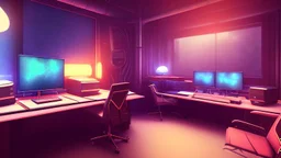 Dimly lit gaming room, with a single desk with a gaming PC, two monitors on the desk, gaming chair, bed in the background, the room is filled with neonlights, night time, atmospheric, detailed.