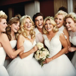 [high res photo by Russ Meyer] at her wedding, the blonde bride is surrounded by her bridesmaids, who tickle her endlessly. the bride giggles, laughing as the bridesmaids tickle her.