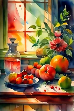 watercolor ,still life with flowers and fruits in the diffused atmosphere with lights and shadows in the kitchen,El anochecer despues , maTny colors, detailed,