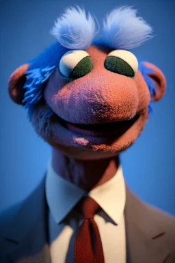 Waist up muppet Portrait, obama as muppet doll, blue suit, photo studio, blue background, unreal engine 5, concept art, art station, god lights, ray tracing, RTX, lumen lighting, ultra detail, volumetric lighting, 3d.