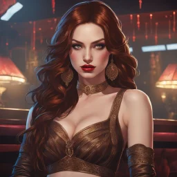 An Arrogant-Looking Young Woman With Pale Skin, Red Eyes, And Long Brown Hair. In a nightclub. High Definition, Greg Rutkowski, 8k Resolution, Intricate Details