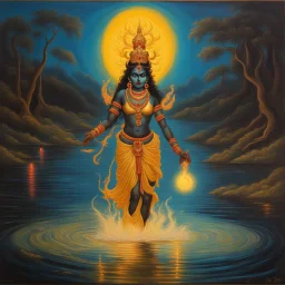 An oil painting of goddess Kali crossing a lake, neon gold colors