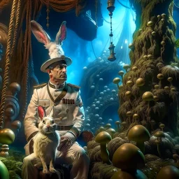 woodland portrait of Mexican macho gestapo army officer on a ladder inside glowing mushroom grove with huge fluffy space rabbit, 4 k, down-light, soft light, depth of field, photo realism, trending on art station, high detail, spray paint