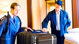 hotel employee looking suspicious stealing someone's baggage