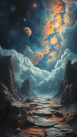 A journey Back in stone age through a digital light in the parallel universe among the galaxies and the stars a big clouds of gas covering the sky from a distance Busch painting style nightmare