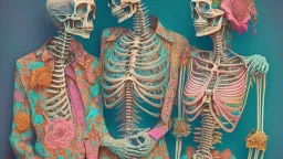 Famous partially Skeletonized Couple Posing together wearing vintage 1960's hippie clothes; neo-surrealism, Intricately Detailed, Beautiful, Colorful, award-winning, high definition, ultra-detailed, beautiful, rose tones