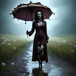 hauntingly visceral matte oil painting of an aristocratic female zombie facing forward, on a muddy path in an empty dandelion meadow in the pouring rain, holding a tattered and torn umbrella. The scene exudes a sinister, profound, dramatic, and fantastical dark dream atmosphere. The composition is dynamic, with complex contrast and a sinisterness that invites both fascination and unease, style by Michael Whelan and Hieronymus Bosch and Goya