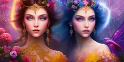 bright fairy, beautiful portrait, flowery landscape