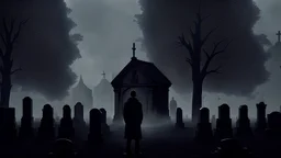 A still from a horror movie. A young guy in black clothes stands against the backdrop of a gloomy cemetery near a lonely grave, gray tones.