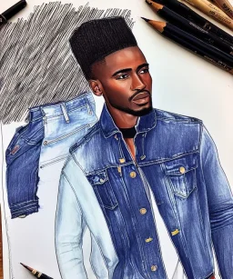 Fashion illustration, fashion drawing, Croquis, Hussein Suleiman, Jefferson Osei, Abderrahmane Trabsini, mudcloth denim jacket, kente cloth, jeans, flare leg, African American model, Luke Edward Hall