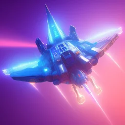 a crystalised blue pink spaceship, gold, diamonds, lightbeams, cosmic background, atmospheric, realistic, unreal engine, 8k. Cinematic lighting, octane render.