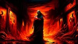 A beautiful woman stands in the center of a dreamlike, surreal landscape. She wears a flowing, revealing red dress that clings like liquid fire to her form, catching the light as though woven from silk and flame. Half of her body is bathed in a warm, golden glow, while the other half is cloaked in deep, living shadows that move and curl around her like sentient smoke. Her expression is unreadable—serene, yet tinged with danger—as if she exists between temptation and mystery. Behind her, the sky