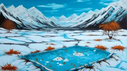 A cyan snowfield with falling snowflakes and a frozen lake designed in Navajo baskets painted by Jackson Pollock