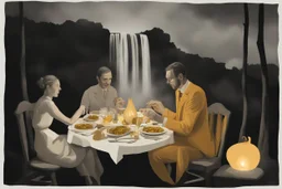 ochre caricarure of dinner in candlelight, double exposure waterfall landscape at night