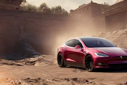 A Tesla 'Model S' is drifting at high speeds, within the trench of the Death Star. (CINEMATIC, WIDE ANGLE LENS, PHOTO REAL)