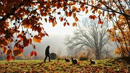 Autumn: falling leaves, chestnuts, acorns, berries, rowan, holly, mistletoe, Misty mornings, fog over distant fields or forests, sunshine; people wear scarves, woolly hats, gloves, steaming hot drinks; birds migrating, squirrels gathering nuts, rabbits, beautiful colours, atmospheric. Award winning photograph.