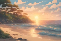 Beach view, golden hour , ghibli artstyle