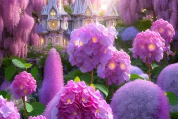 a magical crystal flower lys bougainvillier,pink hydrangeas, pink wisteria, blue gold house crystal castle in wood of pink wisteria, magnolias pink,blue lake,sun,white swanns,pink vertical, blue lake,sharp, vines, candlelit, endor, ornate, elegant, highly detailed, artstation, concept art, smooth, sharp focus, illustration, 8k, splash art, wallpaper, key visual