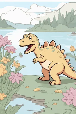 cute dinosaur colored with basic colors, full body, defined lines, no shadows, white background, clear and well, no shadows, this dinosaur is eating flowers on the lake shore. This generation should be colored only with the colors black, red, green, yellow, light blue, blue and orange