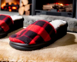 Red plaid slippers laying on a fur rug by log cabin fireplace