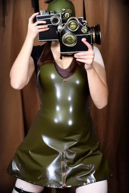 Steam-punk style random-mask. Large fencing mask covers cheeks. Trim girls. Reflective surface on face, full coverage, reflective. Camera lenses as eyes. Head full of integrated old-fashioned cameras. Army green surfaces body, latex. Perfect body, thick thighs and calves. Asa Akira. SElfie with old-fashioned cameras in both hands. Wide hip, skirt bleats nicely. Camera at mons veneris. Partly symmetrical. Black wide leather belt with camera. Euclidean 3D-tiling walls. surrealistic atmosphere