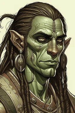 highly detailed dungeons and dragons character portrait of the face of a handsome young male Orc/Elf , tall, slender humanoid with rough, leathery skin and bright black eyes, sunken deeply in their orbits, long and angular skull with small, highly placed flat nose, and ears that are pointed. Highly detailed hair long hair in braids, rough hewn facial features, in the comic art style of Bill Sienkiewicz, Mike Mignola, Alex Pardee, and Jean-Giraud Moebius, boldly inked and sharply defined