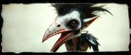 3d airbrush render, magpie elf vampire alien dodo , pinhole cam, airbrush 3d rendering, in the style of Titian and Dali , torn edges on border