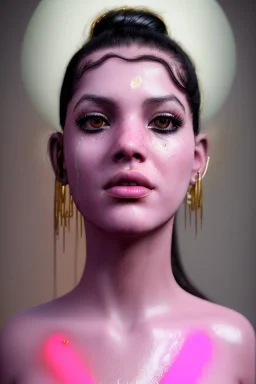 Realistic image, Rosalía artist, portrait, waist up portrait, long black eye line, sweet, gold and pink geisha style, glow make up, led lights, neon, led piercing nose, led ornament, fog, rain, bubble latex dress, vibrant color, highly detailed, art stations, concept art, smooth, unreal engine 5, god rays, ray tracing, RTX, lumen lighting, ultra detail, volumetric lighting, 3d, finely drawn, high definition, high resolution.