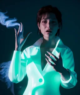 Ultra Realistic image, photo studio, medium shot view, a woman making the fuck off gesture with his hand, blue smoke coming out of his nose and mouth, happy. Latex inflatable coat, soft color, highly detailed, unreal engine 5, ray tracing, RTX, lumen lighting, ultra detail, volumetric lighting, finely drawn, high definition, high resolution.