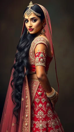 A stunning Indian bride, tall and slim with athletic grace, adorned in intricate bridal makeup and a designer bridal lehenga. Her extremely long hair cascades down her back, adding to her ethereal beauty. The image, whether a photograph or a painting, radiates with vibrant colors and intricate detailing. Every aspect of the bride's appearance is meticulously crafted, showcasing the epitome of elegance and sophistication. The high quality of the image captures every nuance of the bride's beauty,