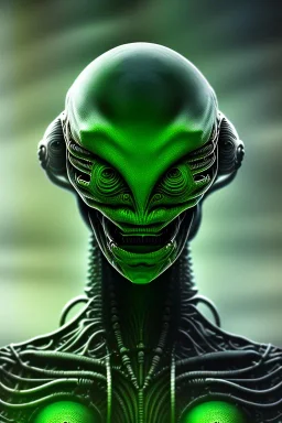 green alien, head, evil, black eyes, weapons, blood, 8k, finely detailed, photo realistic, HR Giger style