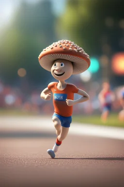 cartoonish mushroom man running 100 meter in the Olympics ,,bokeh like f/0.8, tilt-shift lens 8k, high detail, smooth render, down-light, unreal engine