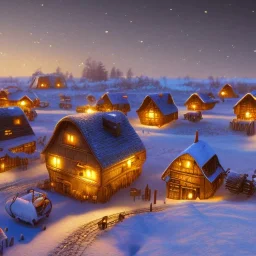 tiny fantasy farming village at night with wooden buildings in winter moonlight