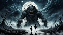 gentle, protective monsters fight with evil people, left side alone child gaze, random background random, deep dark color, , moon, mist, rain, highly detailed, weird , surreal dark fantasy mood style like T. Burton