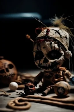 voodoo doll, very nasty and scary head, very damaged, made of all kinds of dirty things. environment of darkness, infinitely dark and sad. melancholy. in the background of the image, papa legba looks at his work.