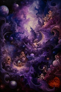 A purple galaxy filled with nightmares in Baroque art style