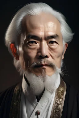 portrait of an asian male cleric in his 30's with ornate white hair and facial hair with a gentle disposition with a taoist priest asthetic