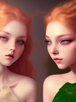 uma garota ruiva com olhos verdes do lado de uma garota pálida com longos cabelos brancos sentadas juntas de noite