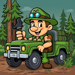 retro cartoon company mascot of a vehicle mechanic with a hint of forest ranger