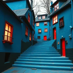 Fotografia di strada assurda e falsa orripilante blu weirdcore dai colori vivaci, liminalcore. Escher. Confusione geometrica. Scale che scendono. Yves Tanguy. Non luogo falso, inusuale. Le case sono false e dipinte di nero chiaro con cose stilizzate e dettagli. Ci sono finestrelle false quadrate, che danno un senso distopico e molto surreale, disposte in modo casuale. L'atmosfera generale sembra noiosa e onirica, con un contrasto tra elementi reali ed elementi dipinti falsi, René Magritte