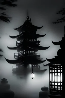 Omisoka festival, Japan, at night. Japanese lanterns, big bell, old dark temple and a foggy ambient. Black and White, realistic.