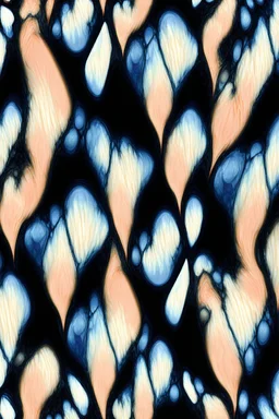 fractal exotic elegance. SEM. cosmic shibori. surreal. asymmetric, skewed, twisted, triadic colors, opalescent, cream, peach, black, white, blue